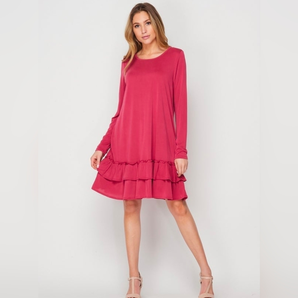 Chic Long Sleeve Ruffle Dress in Deep Red